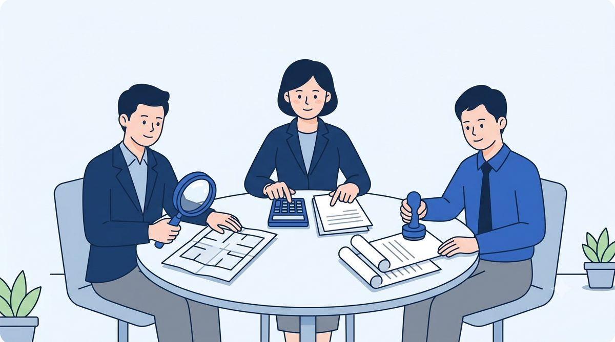 감정평가사·세무사·법무사가 각자 역할을 맡는 모습을 나란히 표현한 일러스트