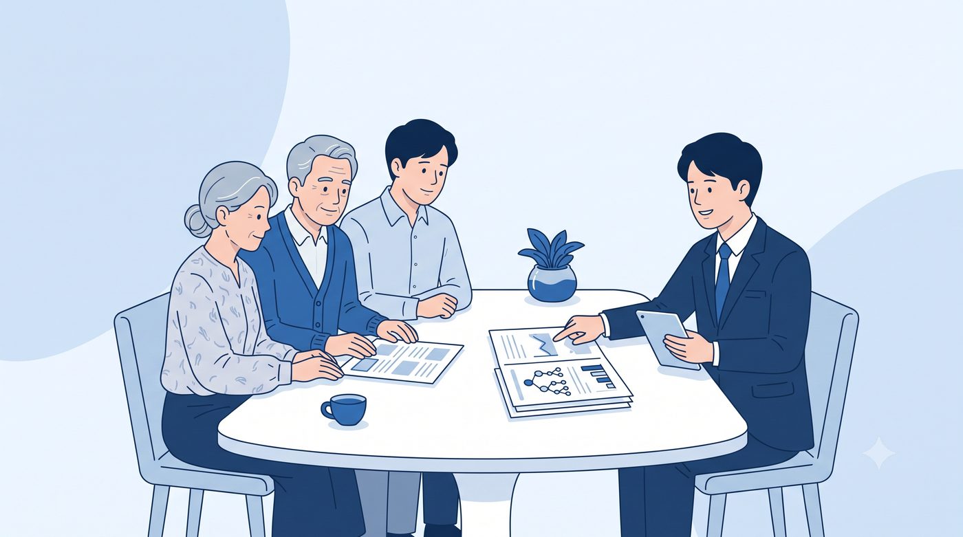 가족과 감정평가사가 증여세 감정평가를 함께 상의하는 상담 장면