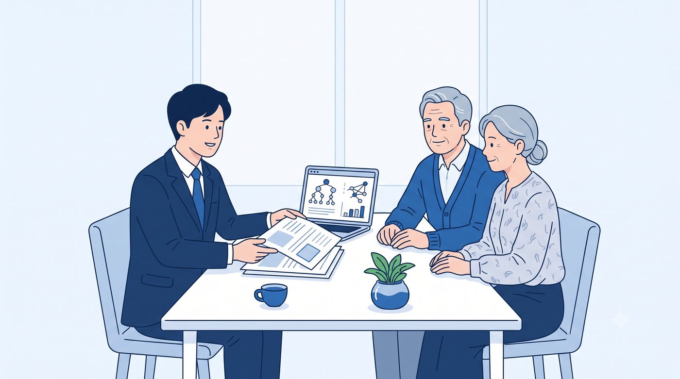 감정평가사가 상속인 부부에게 상속세 감정평가 결과를 설명하는 상담 장면